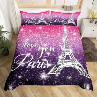 Paris Bettbezug, 140 x 200 cm, Bettwäsche-Set, Eiffelturm, für Kinder, Sternenhimmel, für Jungen, Mädchen, Jugendliche, Bettbezug, romantisches Thema, Französisch, Dekoration, Violett