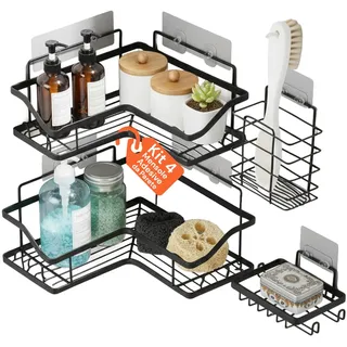 Avilia Eckregal für Wände, selbstklebend, 4 Stück aus Metall mit integrierten Haken, ohne Bohren, Organizer für Bad und Küche, platzsparend, sofortige Installation, modernes Design