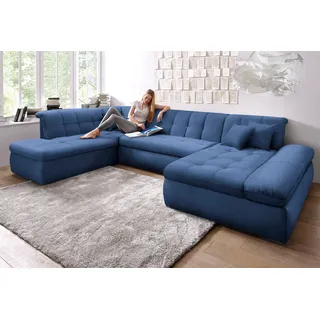 DOMO collection Wohnlandschaft »NMoric im XXL-Format, B/T/H: 353/216/80 cm, incl. Zierkissen U-Form«, wahlweise mit Bettfunktion und Armlehnenverstellung, blau