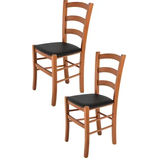 t m c s Tommychairs - 2er Set Stühle VENICE für Küche und Esszimmer, robuste Struktur aus lackiertem Buchenholz im Farbton Kirschholz und gepolsterte Sitzfläche mit KUNSTLEDER in der Farbe Schwarz bezogen - Braun, Schwarz