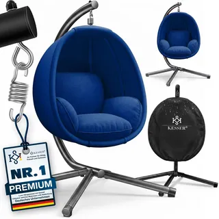 KESSER® Luxe Hängesessel mit Gestell + weicher Sitzkissen, Seitenpolsterung, Sitz- und Rückenkissen Hängekorb Indoor & Outdoor, Garten Schaukel Korb Hängestuhl Stabiler Standfuß, max. 150 kg - Blau