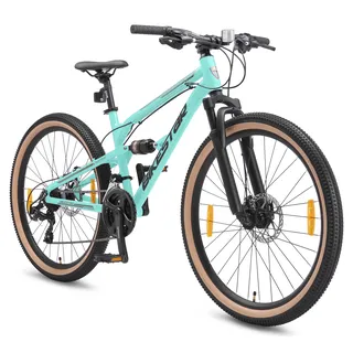 BIKESTAR Vollgefedert Aluminium Mountainbike 26 Zoll, 21 Gang Shimano Schaltung mit Scheibenbremse | 16 Zoll Rahmen Fully MTB Erwachsenen- und Jugendfahrrad | Türkis - Türkis