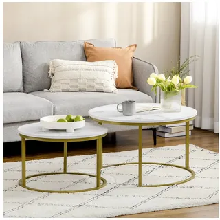 Homcom 2er-Set Couchtisch, Runder Beistelltisch, Kaffeetisch mit Stahlgestell in Gold, stapelbar Sofatisch mit Marmoroptik, für Wohnzimmer, bis 30 kg belastbar, Weiß - Weiß