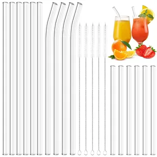 KMFYMPT 16 Stück Glasstrohhalme Wiederverwendbar Trinkhalme Strohhalme Glas 6 Kurze + 6 Lange Gerade + 4 Gebogene Strohhalm Glas + 4 Reinigungsbürsten, für Bubble Tea, Slush, Cocktail, Säfte