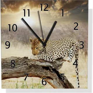 Wallario Design Wanduhr Leopard auf Baumstamm in Afrika aus Aluverbund, Größe 30 x 30 cm - Gelb