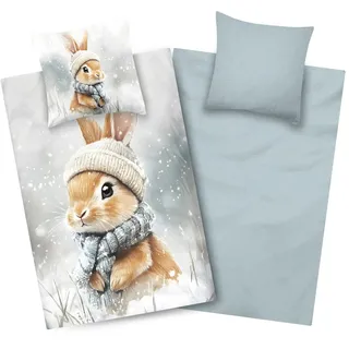 Aminata Kids Biber Bettwäsche-Set 135x200 Tier-Motiv Hase 100% Baumwolle | weiche Kinder Wendebettwäsche mit Marken-Reißverschluss - Mädchen Jungen - grau blau