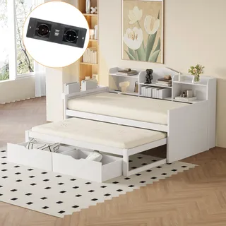 Flieks Holzbett Jugendbett 90x200cm mit Ladefunktion, Schlafsofa Sofabett Tagesbett mit Ausziehbett, Einzelbett Stauraumbett mit 2 Schubladen, Weiß - Weiß