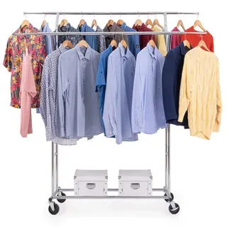 Tatkraft Denver – Schwerlast Kleiderständer auf Rollen, bis 110 kg, Doppel-Kleiderstange höhen- und breitenverstellbar, Profi-Kleiderständer, Verchromt Stahl