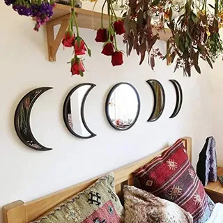 TOPINCN 5 Stück Mondphasen-Spiegel-Set, Acryl Wand Dekorative Spiegel Holzrahmen Mondphasen-Spiegel Heim Dekor Wandspiegel für Wohnzimmer Schlafzimmer Dekor (Schwarz)