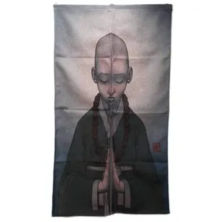 lachineuse - Noren Japanischer Bonze Zen - Vorhang - Japanischer Mönch - Dekoration Tür & Wände - Wandteppich - Baumwolle Leinen - 85 x 150 cm - Geschenkidee asiatische Deko - Farbe Grau