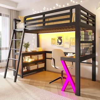 Flieks Etagenbett 90x200cm mit Led, Kinderbett Jugendbett mit Schreibtisch und Gitterregal, Hochbett Metallbett mit Schrank, Stockbett Schwarz - Schwarz