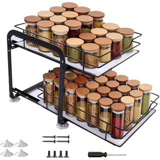 AmoreTempo Gewürzregal Ausziehbar 2-stöckig Gewürzregal Schublade Stehend Höhenverstellbar Gewürz Organizer mit PVC-Einlage & Saugnapf Schrank Organizer für Küche, Stehend, Rutschfest (28x24x23cm)