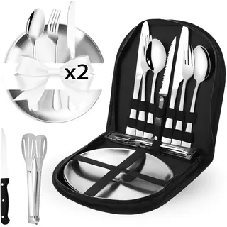 Camping Geschirr Set, Camping Besteck Edelstahl Inklusive Bestecktasche Edelstahl-Gabeln, Messer und Löffel,Wiederverwendbar für Camping,Picknick,Reisen,Outdoor