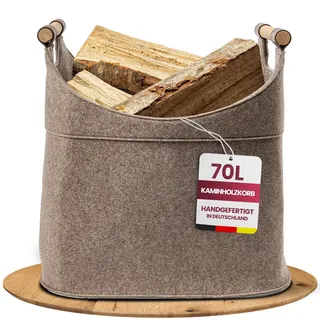 Filz Holzkorb für Kaminholz Groß [70 L] mit Echtholzhenkeln (Eiche) Plegeleichter Boden - Made in Germany - Kaminholzkorb XXL - Brennholzkorb standfest aus Recycling Filz easy and green®