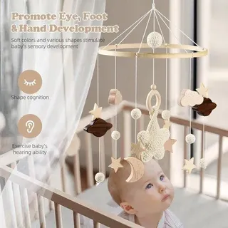 Mobiler Holzspielzeug mit gehaaktem Ball und Glocken und Wolkenornament, 3D-Hängespiel für Babys, Holz-Luiertafel, Geschenk für Jungen und Mädchen