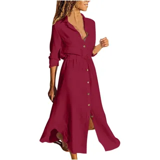 Baumwolle Leinen Sommerkleid Damen Einfarbig Vintage Blusenkleid Revers Hemdkleid Langarm Maxikleid Strandkleid Leinenkleid mit Kordelzug Einreihiges Shirt Kleid Freizeitkleid Große Größen 5XL