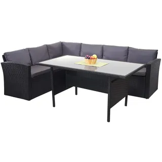 Mendler Poly-Rattan-Garnitur HWC-A29, Gartengarnitur Sitzgruppe Lounge-Esstisch-Set, schwarz ~ Kissen dunkelgrau
