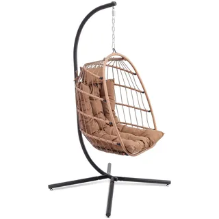 SereneLife Hängesessel mit Gestell Outdoor 250 kg – Wetterfest mit Kissen faltbar für Garten Balkon Indoor Relaxsessel Braun