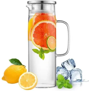 Hwagui Borosilikatglas Glaskaraffe mit Edelstahl Deckel Heißes Kaltes Wasser 1L/35oz