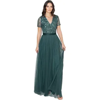 Maya Deluxe Damen Maya Deluxe Maxi Dress for Women Ladies Bridesmaid V-neck Plus Size Ball Gown Short Sleeves Long Ele Brautjungfernkleid, Emerald Green, 44 EU