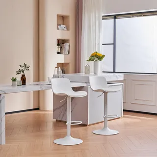 YOUNIKE Barhocker 2er-Set Küchenstuhl Drehbarer höhenverstellbarer gepolsterter PU-Kochstuhl mit Rückenlehne und Fußstütze Esszimmer Theke Weiß