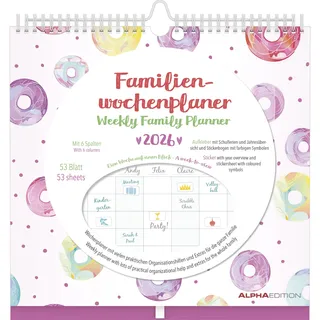 Neumann Alpha Edition - Familien Wochenkalender Dots 2026 – Familienplaner im Format 30,5x30,5 cm – Wochenkalender mit 6 Spalten – Mit Aufklebern, Stifthalter – Terminplaner – FSC-zertifiziert