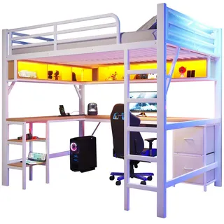 Modfu Hochbett aus Metall und MDF 140x200 cm Weiß mit Schreibtisch, Regal, Schrank, USB und LED-Beleuchtung , Holzwerkstoff , 140x200 cm , Babymöbel & Kindermöbel, Kinderzimmer & Jugendzimmer, Kinderbetten, Hochbetten