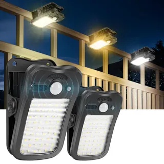 BlueYu Solarlampen für Außen mit Bewegungsmelder, 2 Stück Clip-on Solarleuchten mit 3 Modi und 3 Farben, USB-Aufladung und Fernbedienung, Wasserdicht Solar Lampe für Garten Zau Dachrinnen Beleuchtung