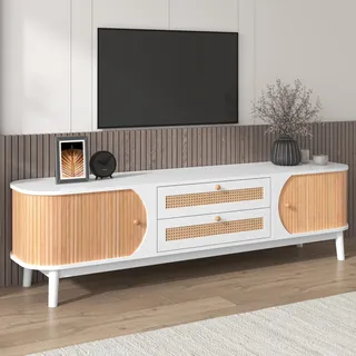 TV-Lowboard- TV-Tisch in Natürlicher Holz-Blend mit Türen und Schubladen, Rattanseiten Lowboard, Rustikaler Sideboard, 170 cm breit - Weiß
