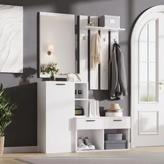 STILVORA Garderobe im Flur mit Schuhschrank und Spiegel, Garderobenständer mit Kleiderhaken und 2 Schubladen, Flurgarderobe kompakt für Eingangsbereich, Weiß - Weiß