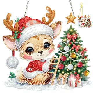 MISCER Diamond Art painting Anhänger Windspiel, Christmas Elch Diamond Painting Anhänger mit Kette für Kinder Erwachsene, Hängende Ornament Bastelset Set für Tür Garten Wand Deko