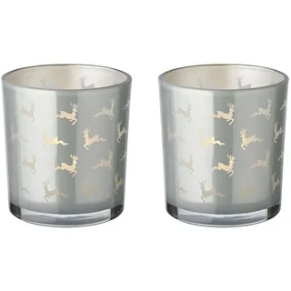 Edzard 2er-Set Teelichtglas Hiti (Höhe 8 cm, Ø 7 cm), Motiv Rentiere, außen grau, innen Gold - Windlicht, Kerzenglas
