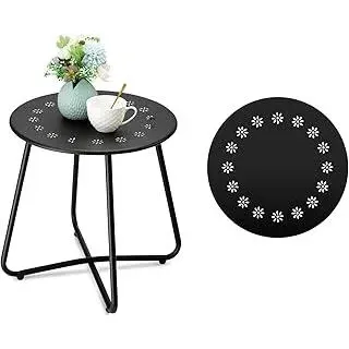 danpinera Outdoor Beistelltische mit Blumenausschnitten, Kleiner Runder Gartentisch, Wetterfester Stahl Patio Couchtisch für Patio, Hof, Balkon, Garten, Schwarz