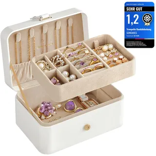SONGMICS GISELLA Kollektion - Schmuckkästchen Reise mit 2 Ebenen, Schmuckkasten klein, Schmuckaufbewahrung, tragbar, für größere Accessoires, Geschenkidee, 11,6 x 16 x 7,5 cm, wolkenweiß JBC166W01
