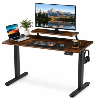 DUMOS Höhenverstellbarer Schreibtisch 120 x 60 cm, Elektrischer Schreibtische Höhenverstellbar, Gaming Tisch mit Monitorständer, Stehpult Verstellbarer Computertisch, Adjustable Standing Desk, Braun