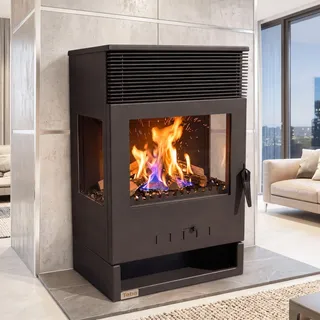 Kaminofen Panorama 3 Seitig 9 kW Dauerbrand Teba TKS 12 Kamin Holzofen 3 Seiten Ofen Holz - Schwarz