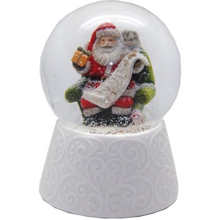 20089 Edle Schneekugel mit weißem Porzellan-Sockel Weihnachtsmann Santa mit Geschenkeliste Spieluhr 10cm Durchmesser