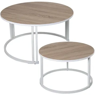 DRW Set mit 2 Couchtischen aus Holz und Metall in Weiß und Eiche, 80 x 43 und 60 x 38 cm, 80x43 y 60x38cm