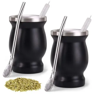 2 Stück Mate Becher: Doppelwandiger Edelstahl Matebecher, Yerba Mate Tee Set mit Strohhalmlöffel und Reinigungsbürste Wärmeisolierung für Mate Tee, Kaffee, Milch und Saft (schwarz)