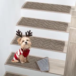 BEQHAUSE Stufenmatten, Anti-Rutsch-Treppenläufer Treppenstufen für hölzerne Schritte Innen Maschine waschbar 22x70cm Treppenstufen mit TPE - Rücken, für Kinder Ältere Haustiere, Beige, 15 Stück