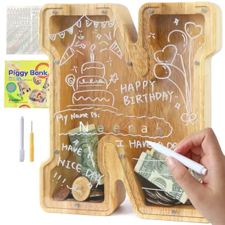 Lakpopya Spardose für Kinder Jungen Mädchen Sparschwein Kinder Spardose Personalisiert Durchsichtig Spardose Buchstabe Holz A-Z mit Zielbereich & Aufkleber & Marker, Taufe Geschenk Dekoration (N)