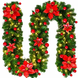 Kaleora Weihnachtsgirlande mit LED-Beleuchtung, 1,5m Girlande Weihnachten | Rote Weihnachtssterne und Kugeln, Künstlicher Weihnachtsgirlande für Haustür, Fenster, Kamin, Weihnachtsdekoration