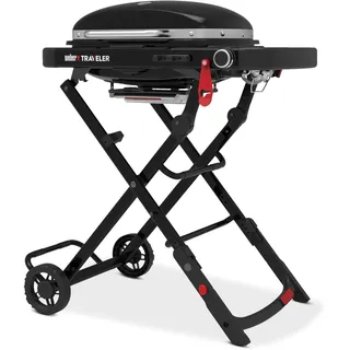Weber Traveler Compact Gasgrill/Tragbares klappbares Design mit Rädern, Automatische Deckelarretierung und Deckelthermometer, 1 Brenner, 81 cm breit, 52 x 36 cm Grillfläche, Schwarz