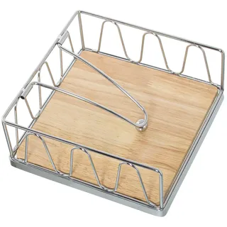 DRW Serviettenhalter aus Metall mit Holzsockel in Chrom und Natur, 18 x 18 x 8 cm