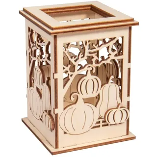 Rayher Holz Tischlaterne Kürbis, 8,5 x 8,5 x11,7 cm, Holzbausatz 11tlg, kleines Windlicht, für LED-Teelichter, Laterne, Holz FSC zertifiziert, 64031505, Natur