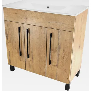 Unterschrank mit Keramik Waschbecken Vittoria, 80 cm Breite, Matt Eichenoptik Korpus, Badmöbel Set für Badezimmer & Gäste-WC, Stehend Waschtisch, Waschbeckenunterschrank - Weiß, Schwarz, Grau