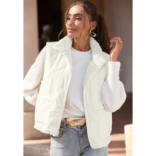 Wendeweste LASCANA, Damen, Gr. 42, beige (creme), Web, Obermaterial: 100% Polyester, unifarben, figurumspielend hüftlang, ohne Ausschnitt, Westen Wendeweste, wendbare Steppweste mit flauschigem Fellimitat, Topseller