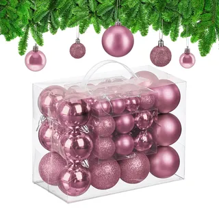 Relaxdays Weihnachtskugeln im 50er Set, Kunststoff, glitzernde, Matte, glänzende Baumkugeln, Christbaumschmuck, rosa