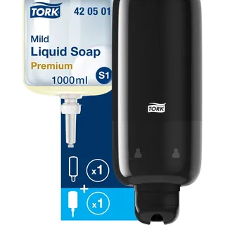 Tork Seifenspender für Flüssigseife, Sprühseife - Sparsam, Auslaufsicher S1/S11, Schwarz + Premium milde Flüssigseife Nachfüllpackung, 1 x 1000 ml