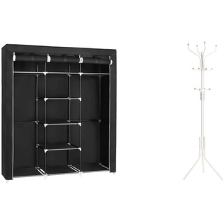 SONGMICS Kleiderschrank, Faltschrank, Faltbare Garderobe mit 2 Kleiderstange, 175x150x45 cm, schwarz RYG12B & Garderobenständer, Stabiler Metall Kleiderständer, Garderobe höhe ca. 182 cm, weiß RCR19W